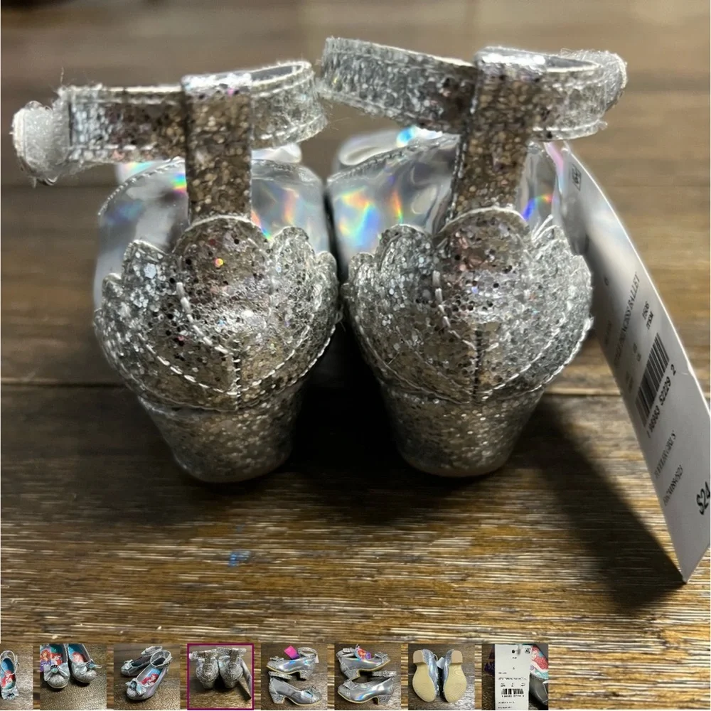 New Disney glitter heeled dress up shoes Ariel  in silver size 6